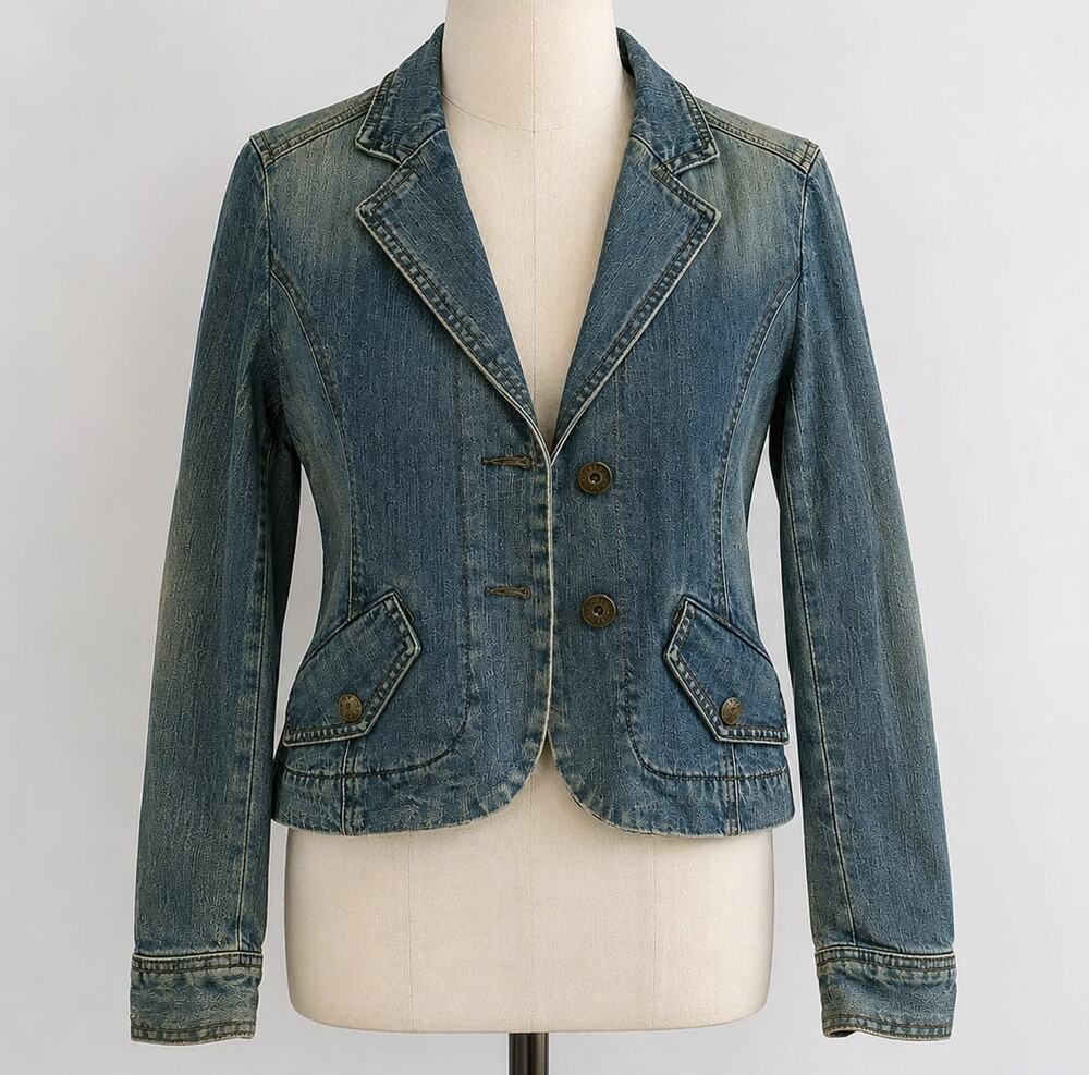Vintage 90s DKNY Jeans Dark Wash Denim Blazer XS Y2K Cropped Tailored Jacket